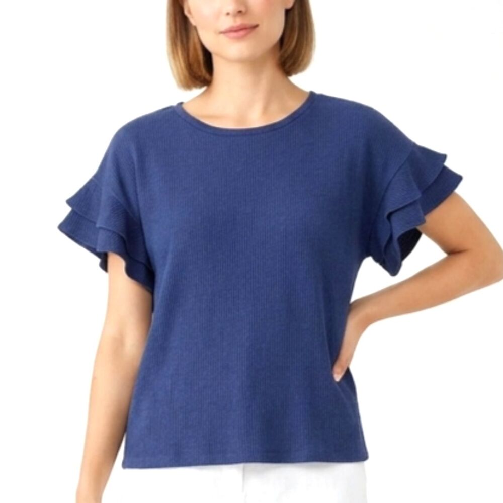 MICHAEL KORS Top Navy Blue Ruffled Short Sleeve Blouse Size Women Large US